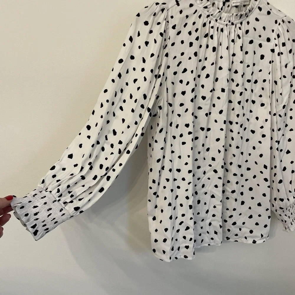 Maison d'Amélie Paris Dalmatian Dot Blouse Large Ruffle Mock Neck Smocked Cuff L - Picture 15 of 16